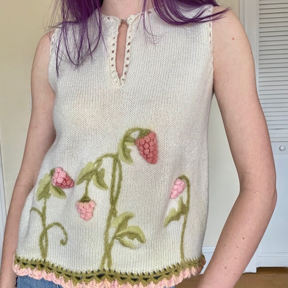 SOLD Cream Wool Knit Tank Sweater Pink Flower - Picture 6 of 13